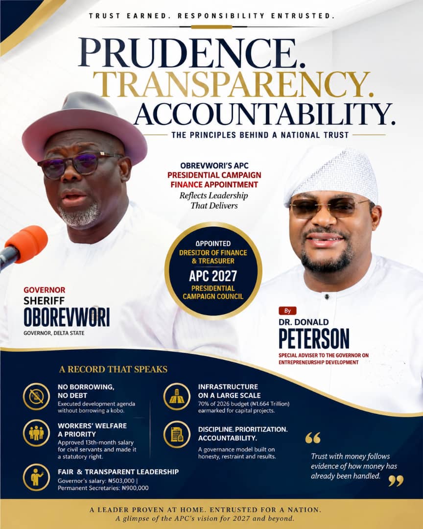 Oborevwori's APC Presidential Campaign Finance Appointment Reflects Prudence, Transparency, and Accountability